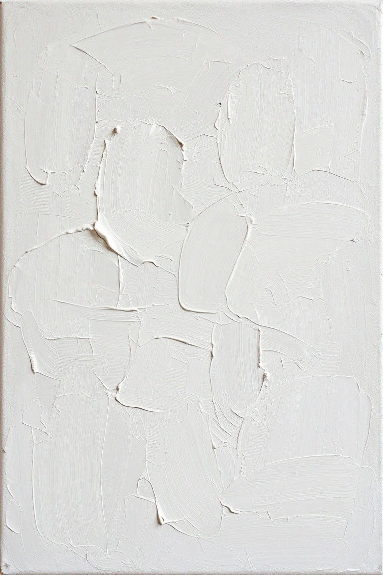 Thick white impasto brushstrokes form textured abstract patterns on canvas.