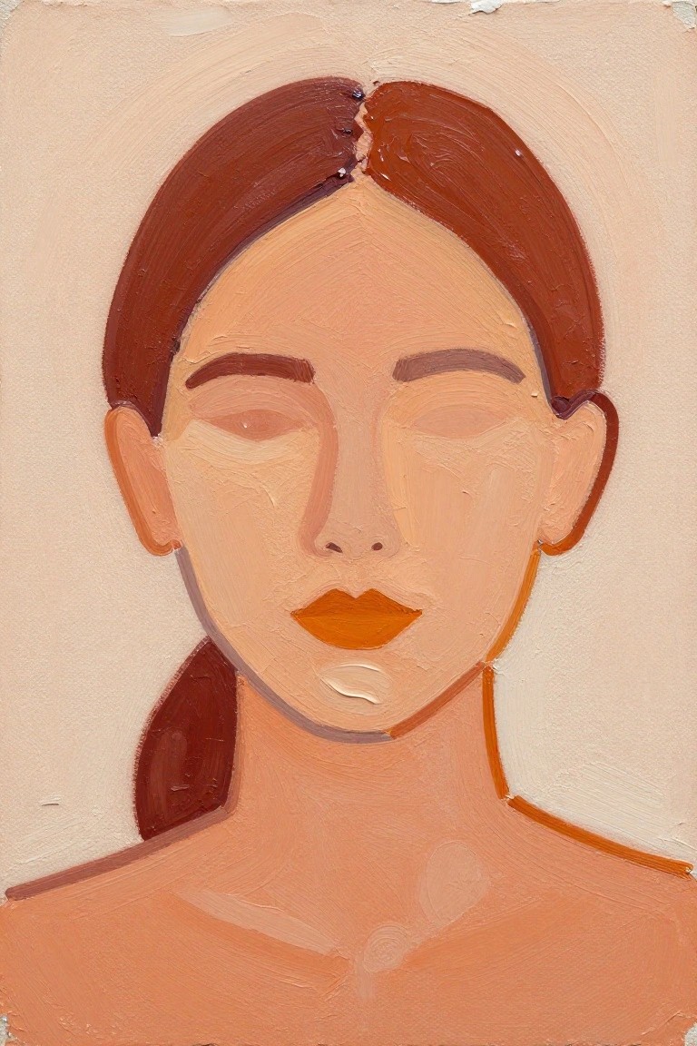 Stylized painting of a woman with closed eyes, brown hair, and orange lips.
