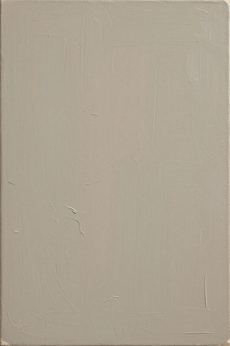 Abstract painting with thick light gray brushstrokes on textured canvas