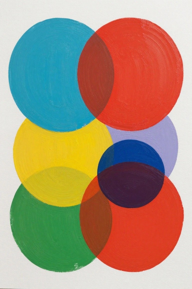 Abstract composition of overlapping circles in blue, red, yellow, green, and purple hues.
