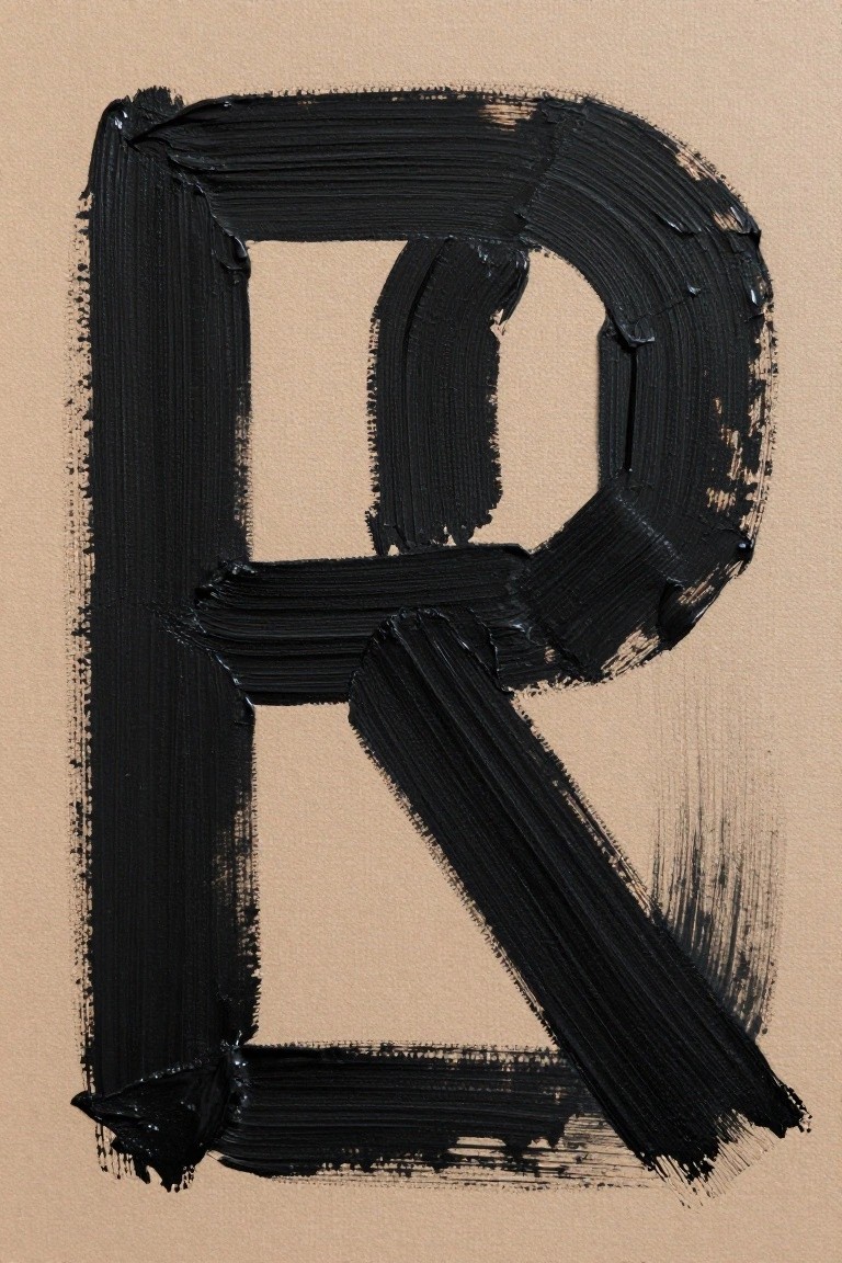 Bold black letter R painted with thick brushstrokes on beige background