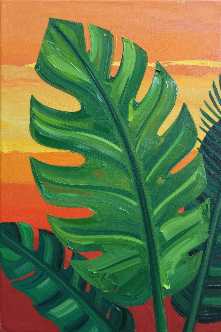 Vivid green monstera leaves against a warm orange and yellow sunset background.