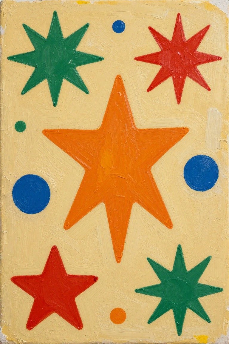 Vibrant abstract painting of colorful stars and circles on yellow background