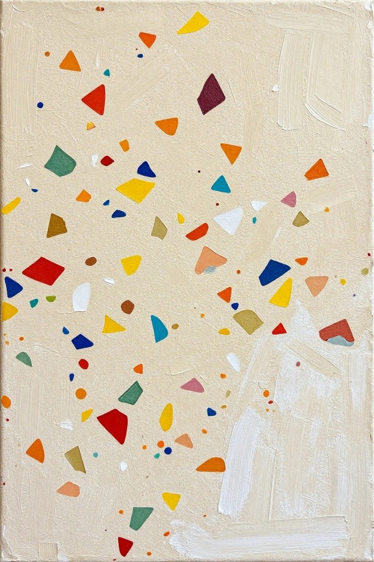 An acrylic painting with many small colorful geometric shapes scattered across a light beige textured background with visible white brushstrokes on the right side.