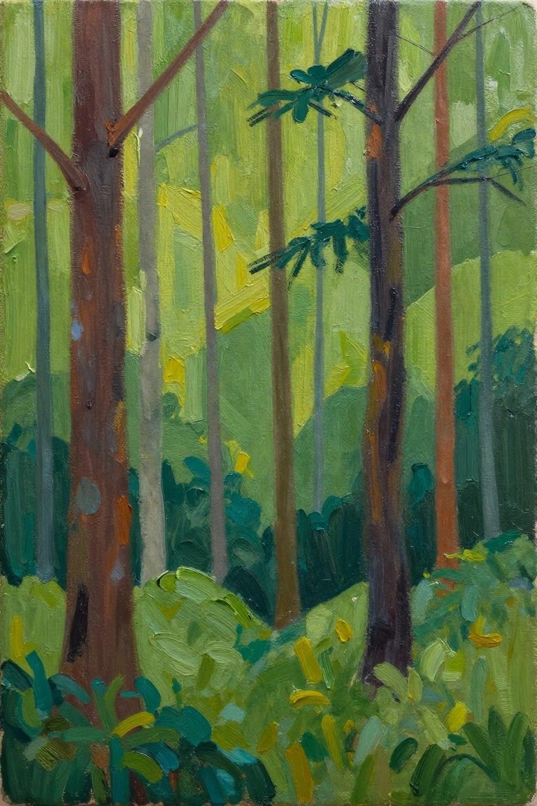 An acrylic painting of a forest with multiple tall brown and gray tree trunks amid layers of green leaves and undergrowth.