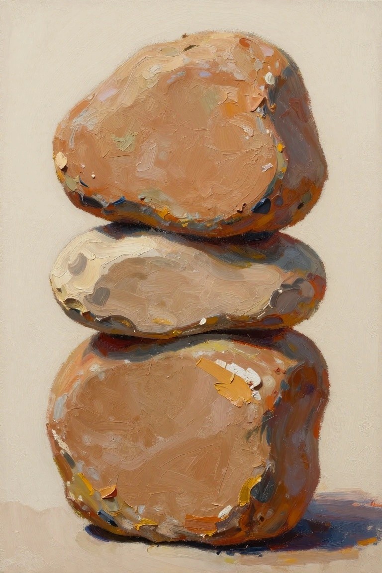 Acrylic painting of three stacked rounded stones in earthy brown tones with thick brushwork on a light background.