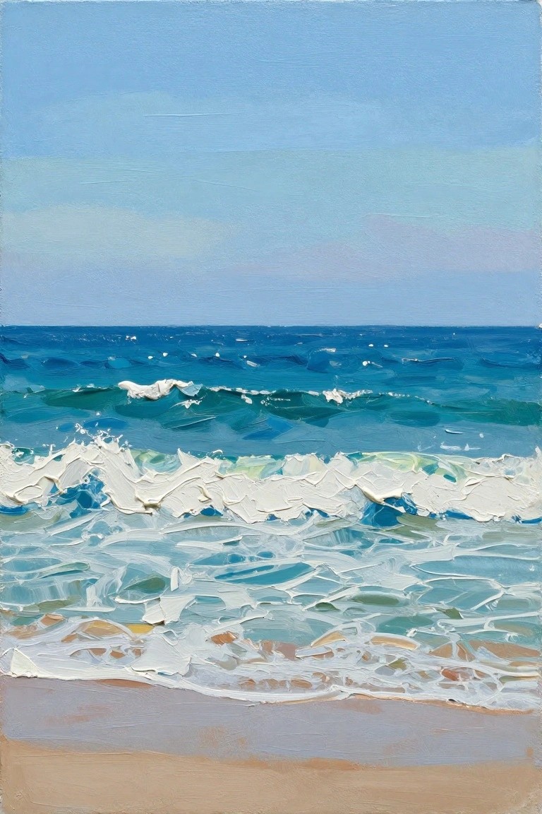 Painting of blue ocean waves with white foam approaching a sandy beach.