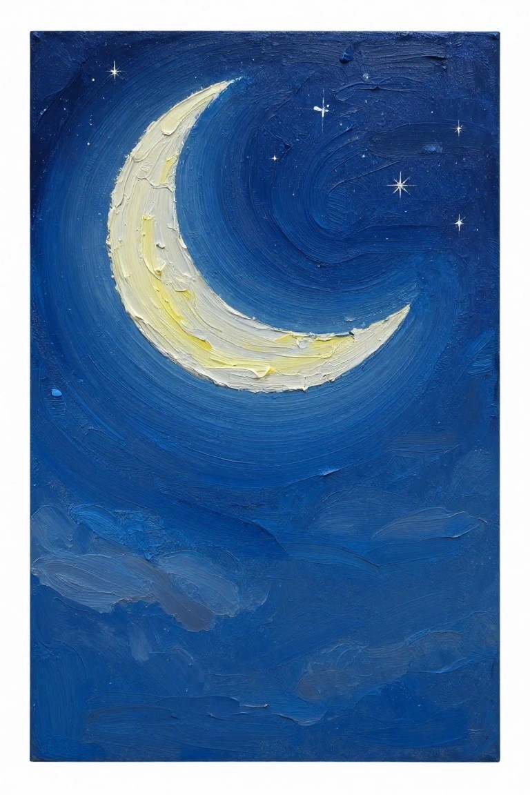 Crescent moon glowing yellow-white in swirling blue night sky with stars.