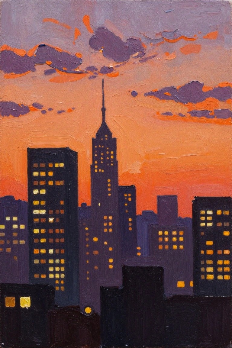Vibrant oil painting of skyscrapers with glowing windows under an orange-purple sunset sky