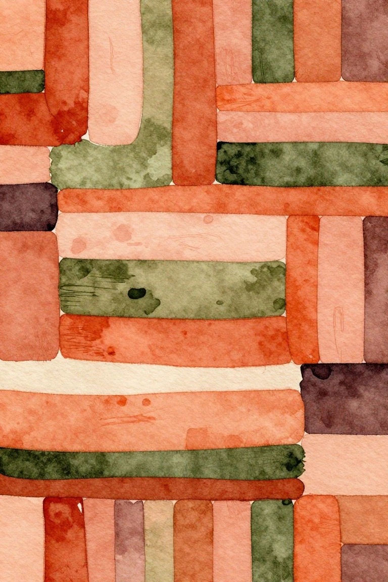 Abstract watercolor of overlapping rectangles in warm oranges, pinks, greens, and browns