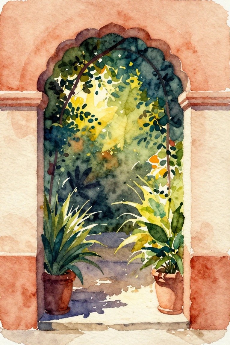 A watercolor painting of an arched opening framed by terracotta walls, showing green foliage beyond and two potted plants in the foreground.