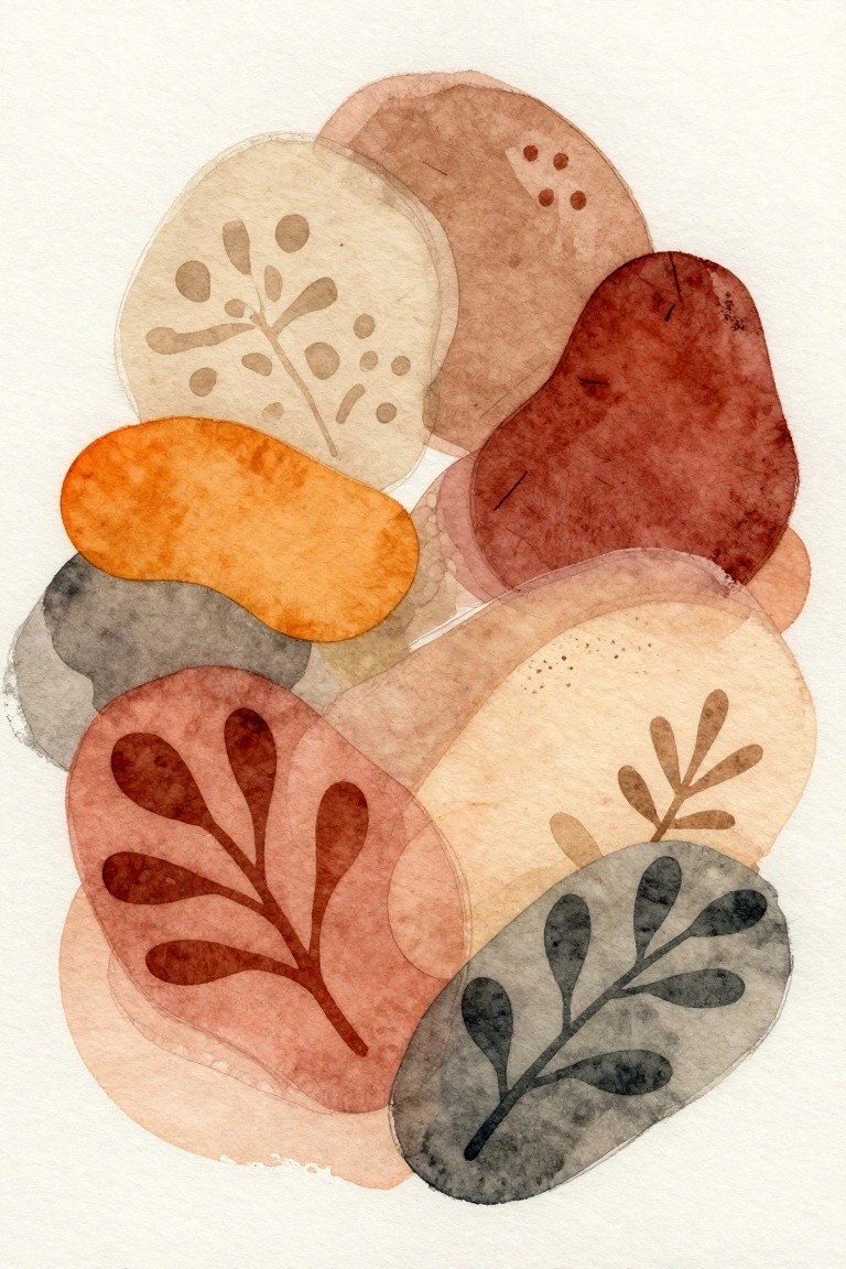 Earth-toned abstract watercolor with overlapping organic shapes and leaf silhouettes