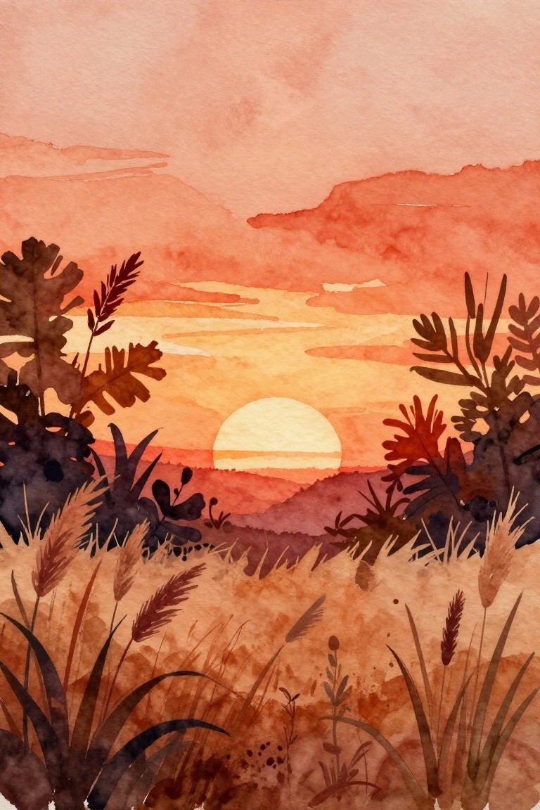 Watercolor sunset with glowing sun, orange-pink sky, and dark plant silhouettes.
