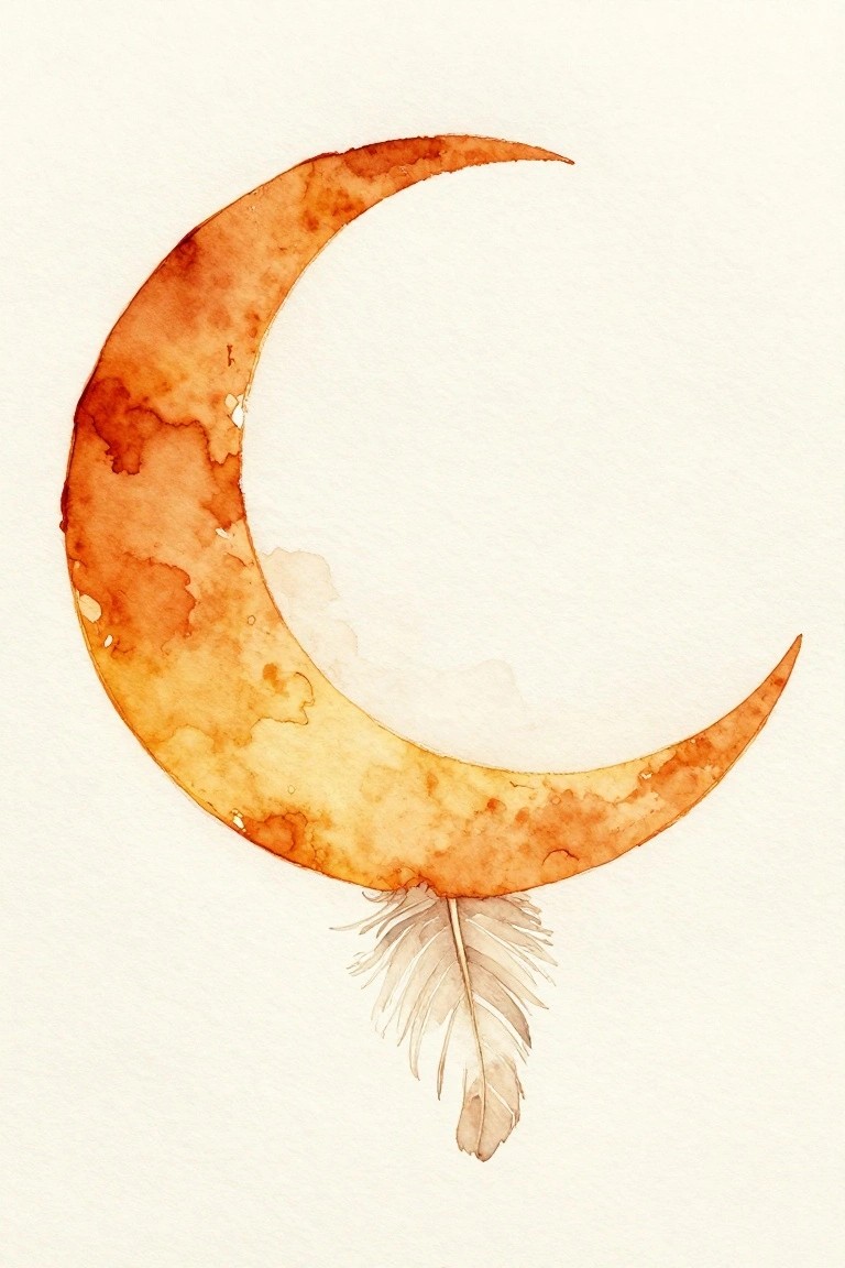 A watercolor crescent moon in orange and brown tones with a white feather hanging from the bottom point.
