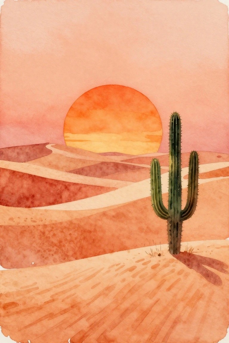 Watercolor desert sunset with orange sun, layered dunes, and tall green cactus.