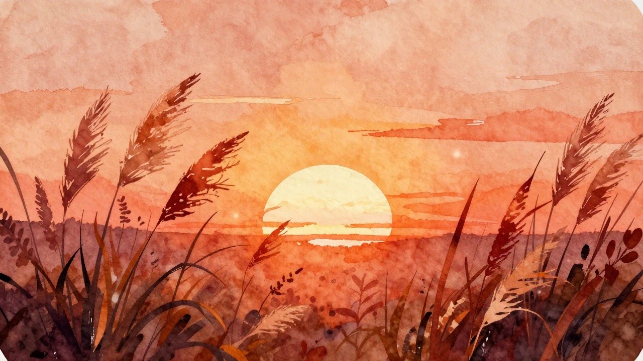Watercolor sunset with glowing sun, orange-pink sky, and dark plant silhouettes.