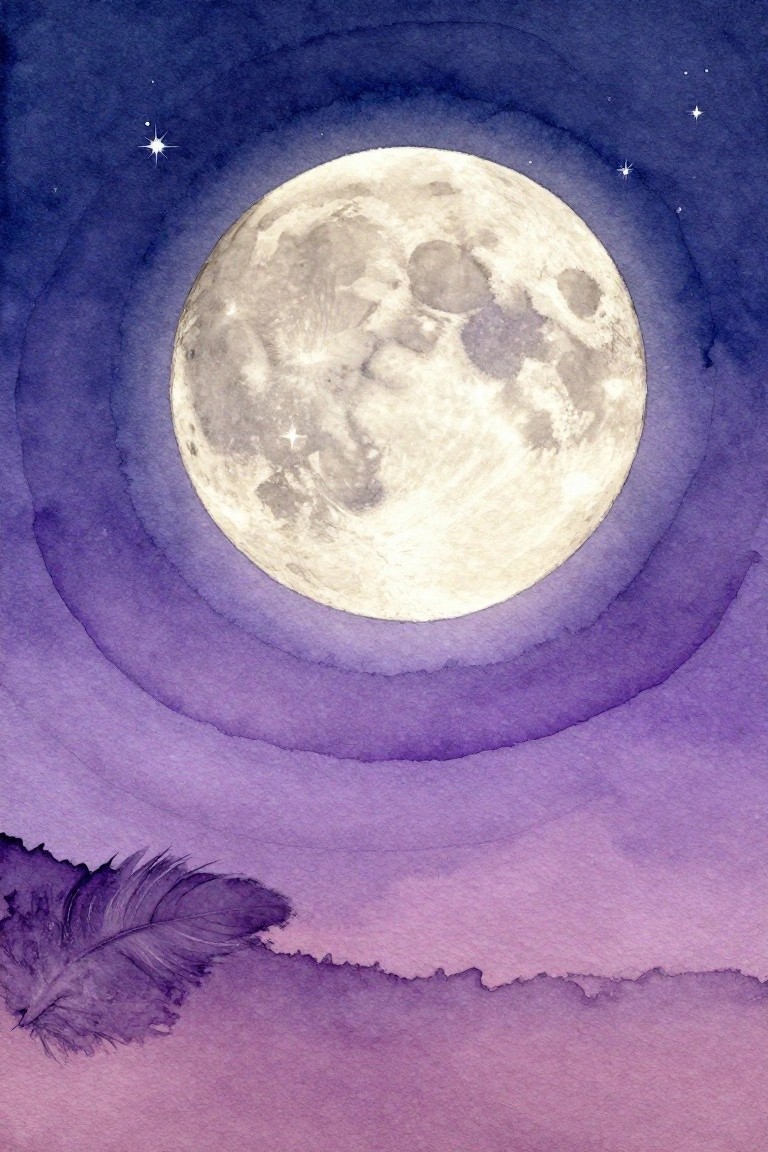 A watercolor style painting of a large detailed moon with craters against a purple blue night sky with stars and a feather in the bottom left corner.