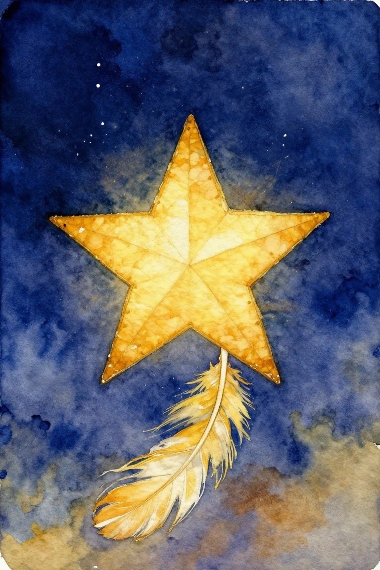 Golden star with yellow feather on dark blue watercolor starry sky