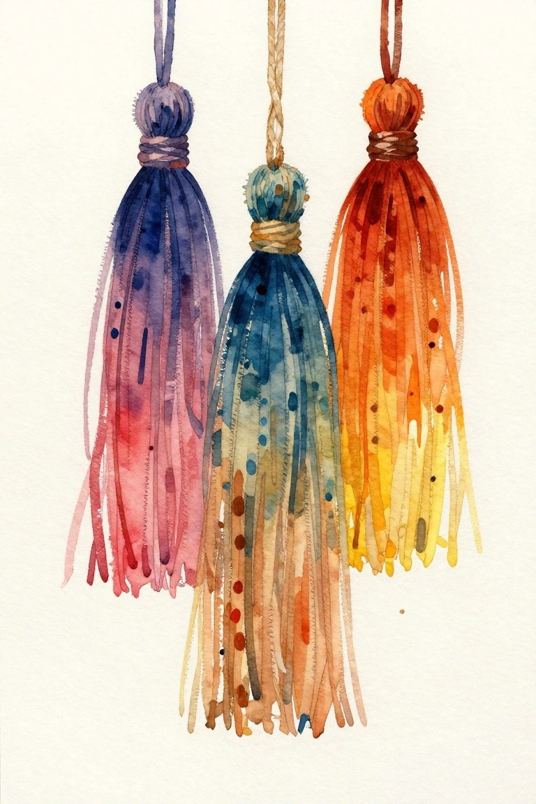 Three vibrant watercolor tassels hanging in purple, blue, and orange gradients.