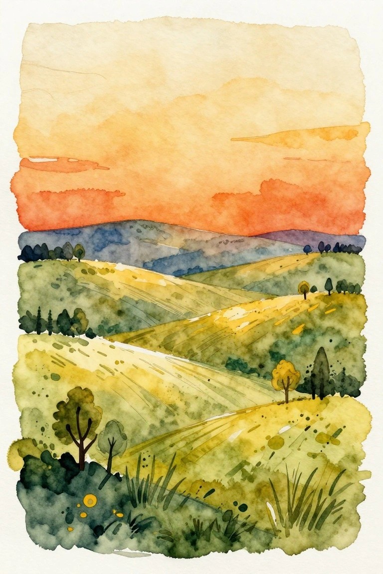 Watercolor landscape of rolling yellow-green hills with trees under orange-red sunset sky