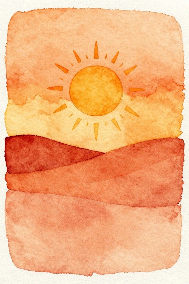 A watercolor painting showing a yellow sun with rays in an orange sky above three wavy layered bands of red and orange hills.