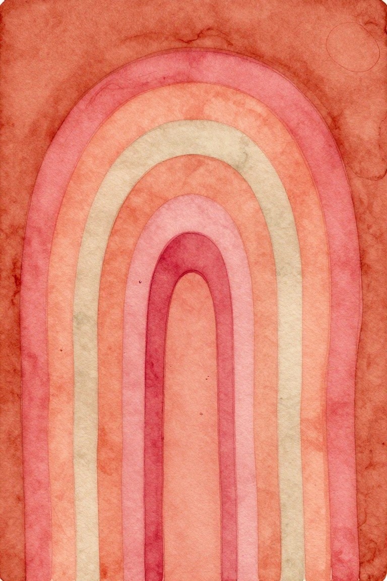 Watercolor rainbow of concentric arches in warm pink, orange, and red tones