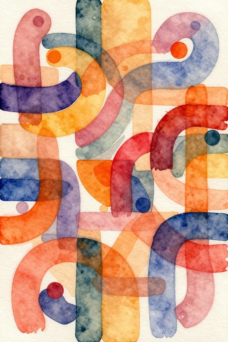 Abstract watercolor with overlapping colorful curved shapes in vibrant translucent hues