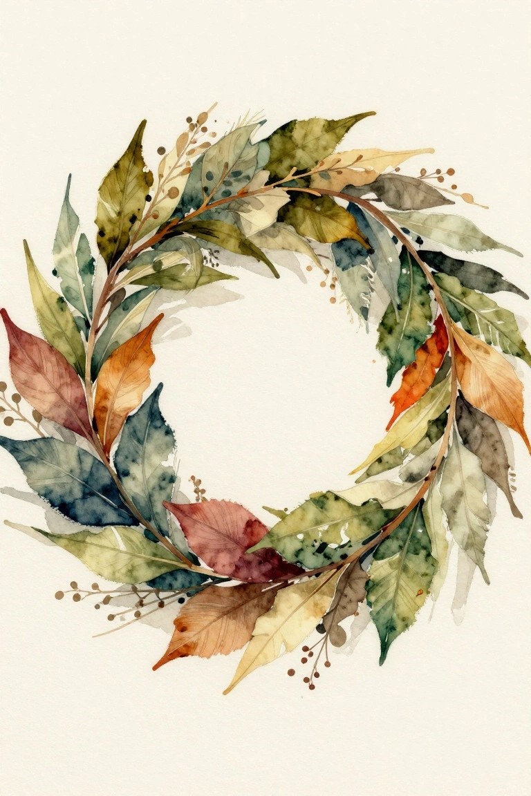 Watercolor wreath of autumn leaves in greens, oranges, reds, and browns