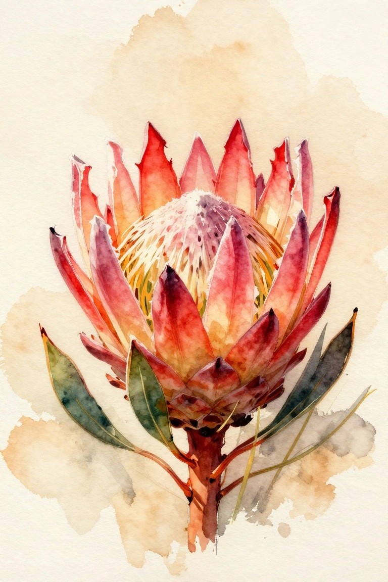 Watercolor protea flower with red-pink petals, fuzzy center, and green leaves.