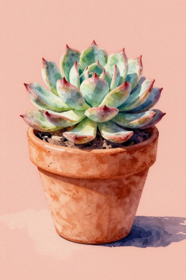 A watercolor painting of a succulent with green and pink-tipped leaves in a brown terracotta pot on a light pink background.