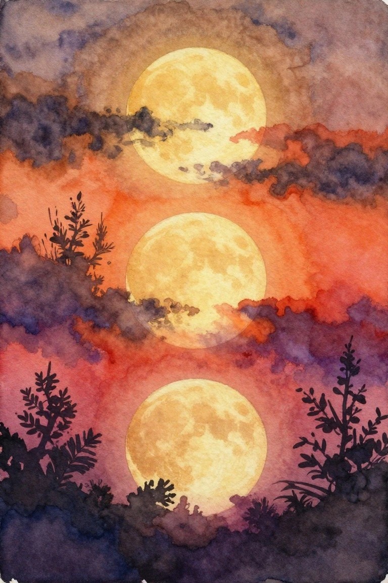 Three glowing moons stacked vertically in vibrant orange-purple watercolor sky with dark silhouettes.