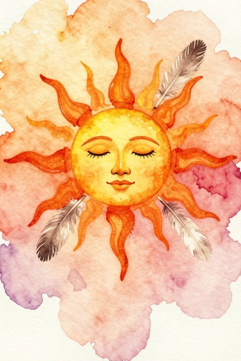 Watercolor sun face with closed eyes and feathers on orange rays over pink wash
