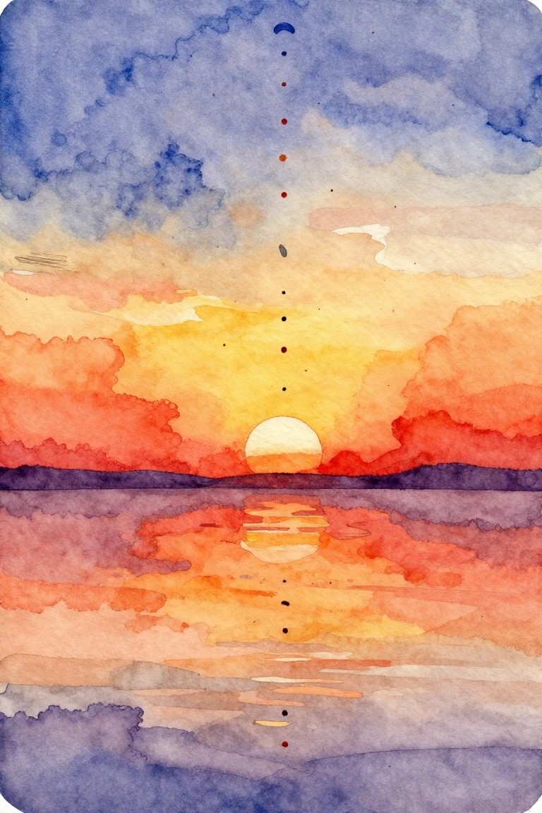 Vibrant watercolor sunset with orange sun reflecting in water under cloudy sky and dotted line.