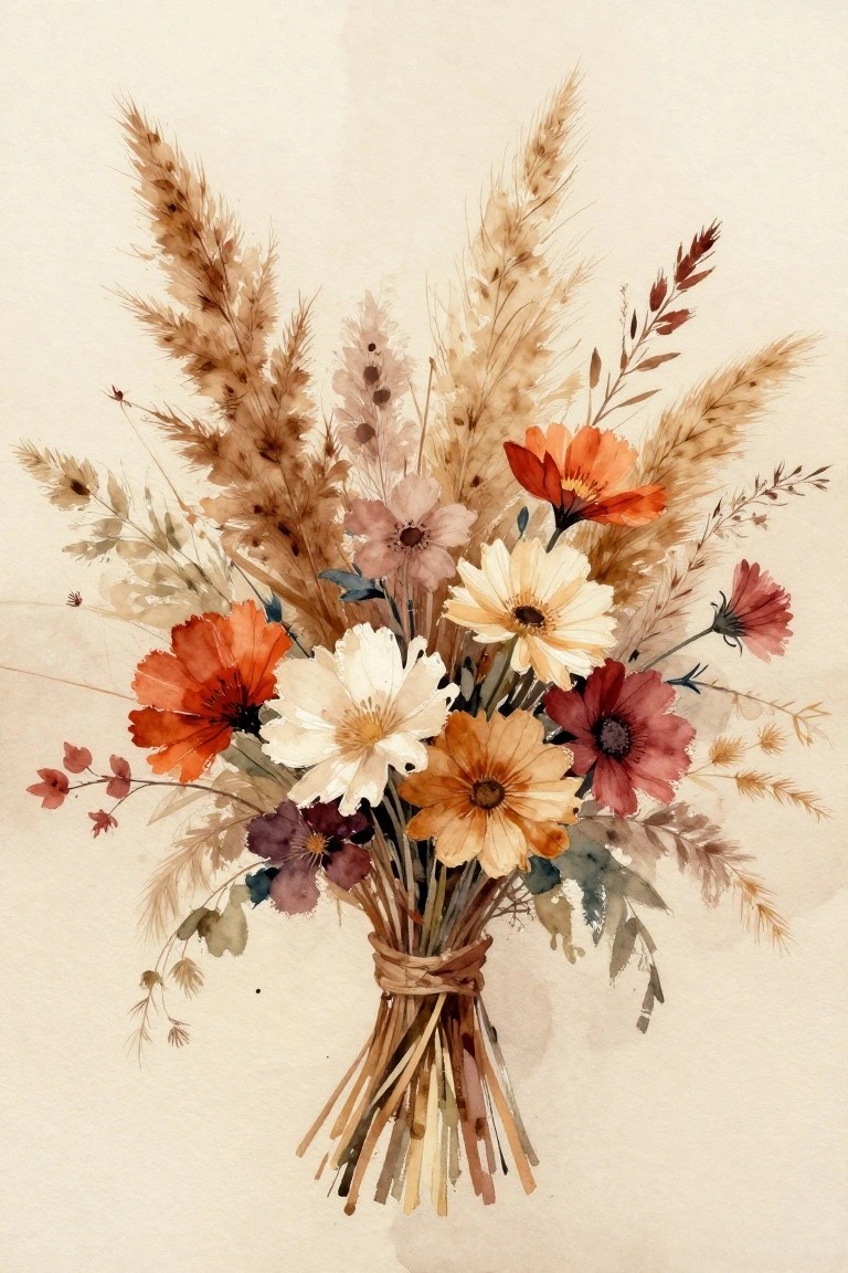 Watercolor painting of a tied bouquet with orange, red, white, and peach flowers mixed with tall beige grasses on a light background.