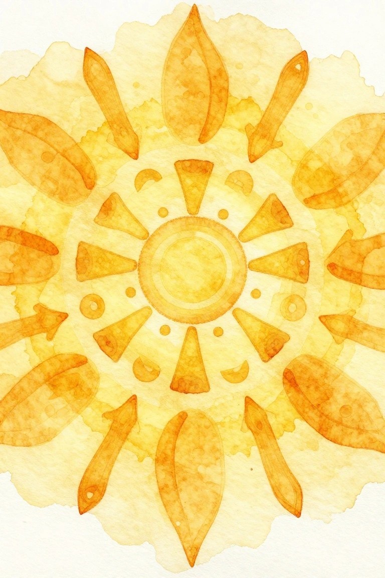 Watercolor mandala in yellow-orange tones with radiating leaves, triangles, and arrows