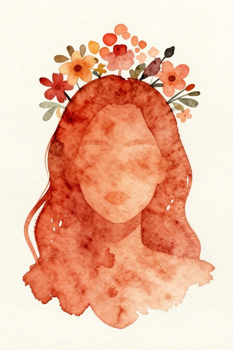 Watercolor portrait of a serene woman with reddish hair and floral crown