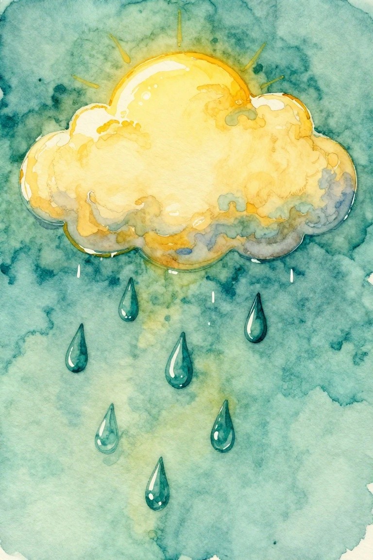 Watercolor of yellow sun behind fluffy cloud with falling teal raindrops on blue background