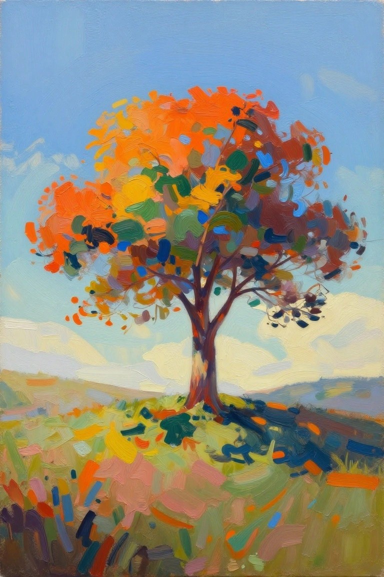 Vibrant impasto painting of a tree with multicolored orange and yellow foliage under blue sky