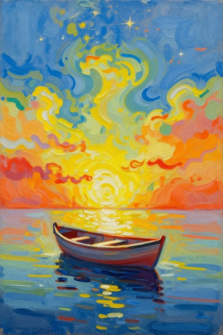 A small boat sits on calm water beneath a large swirling sky of yellow, orange, blue, and red.