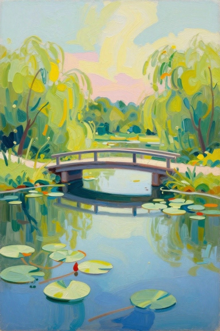 Impressionistic painting of wooden bridge over pond with lily pads and lush trees.