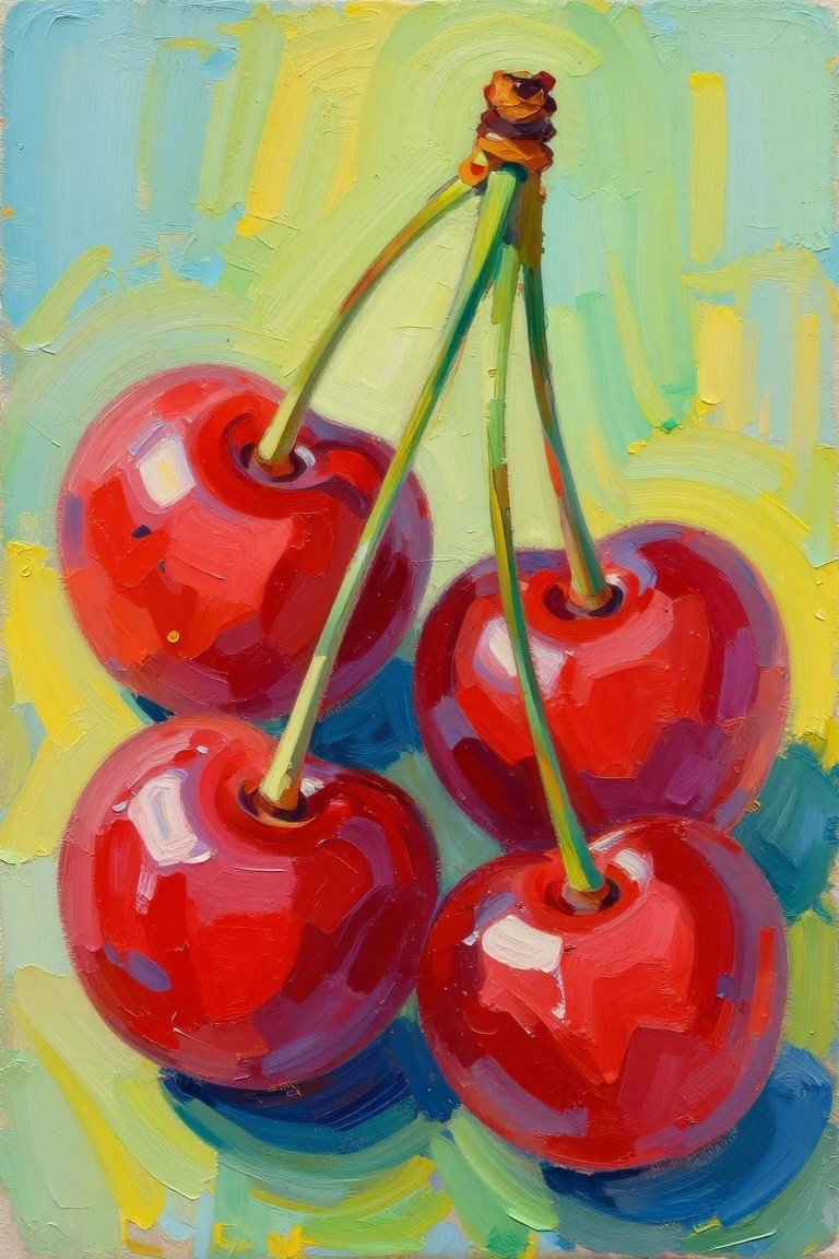 Thickly painted red cherries with green stems on a colorful abstract background.