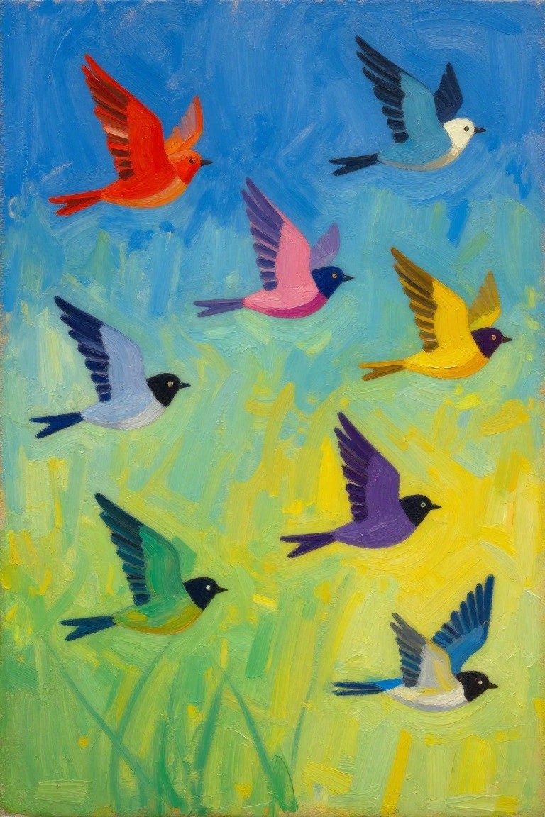 Vibrant painting of eight colorful birds flying over a green and yellow field