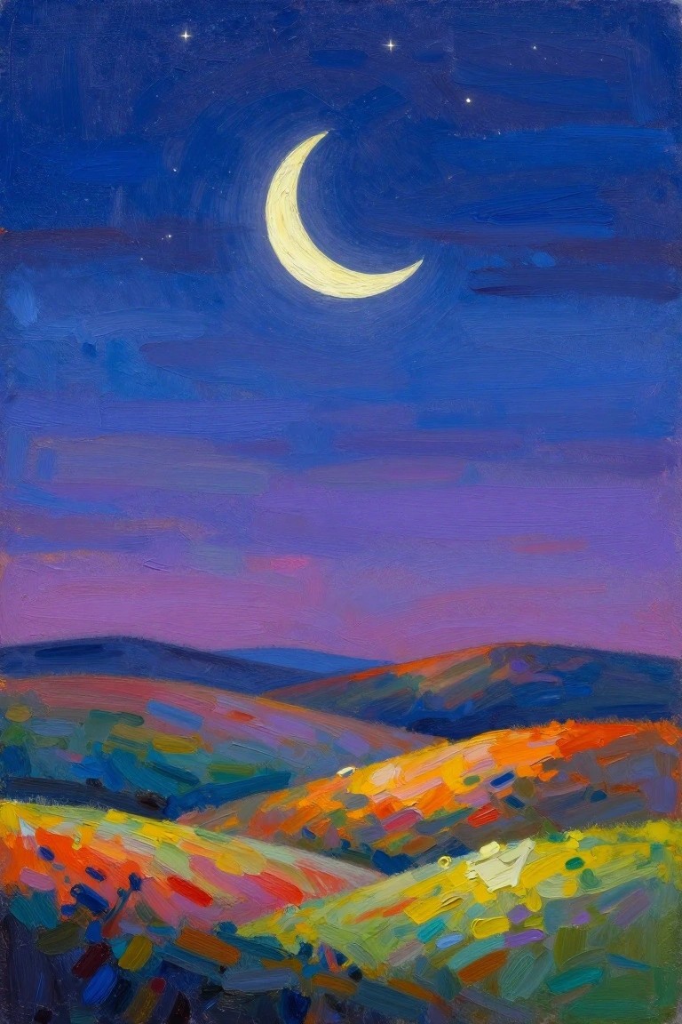 Crescent moon glowing over vibrant colorful hills under starry night sky painting