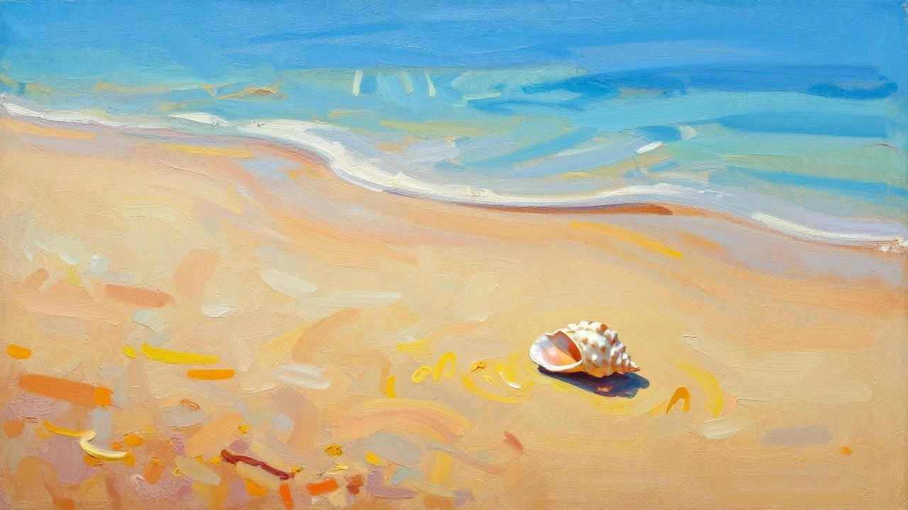 Seashell on sandy beach with ocean waves and blue sky in background