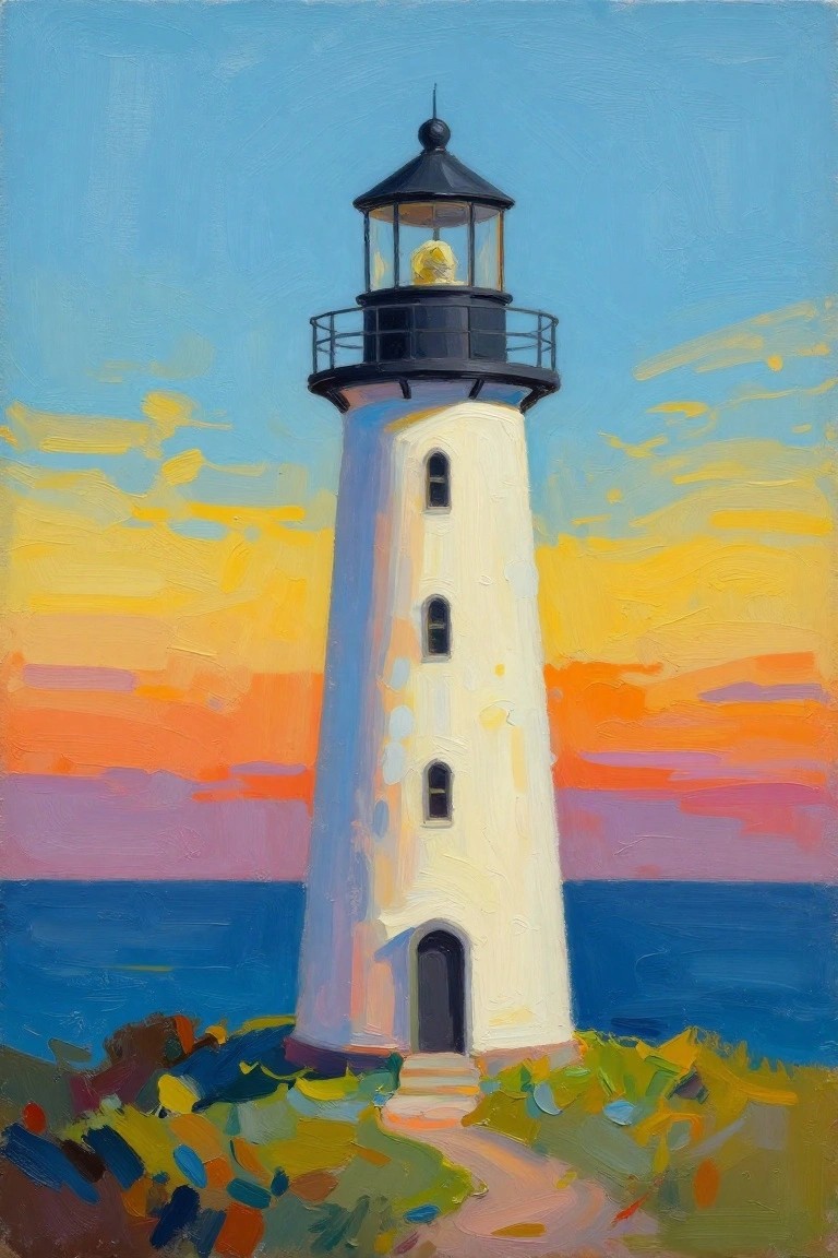 Vibrant oil painting of white lighthouse against colorful sunset sky over blue ocean