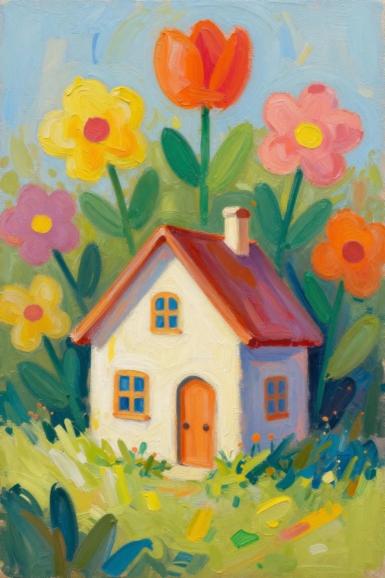 Vibrant painting of a small house with red roof amid oversized colorful flowers.