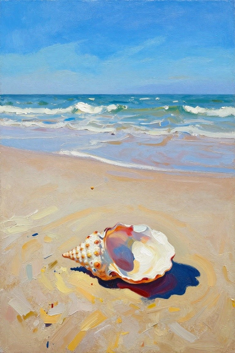 Seashell on sandy beach with ocean waves and blue sky in background