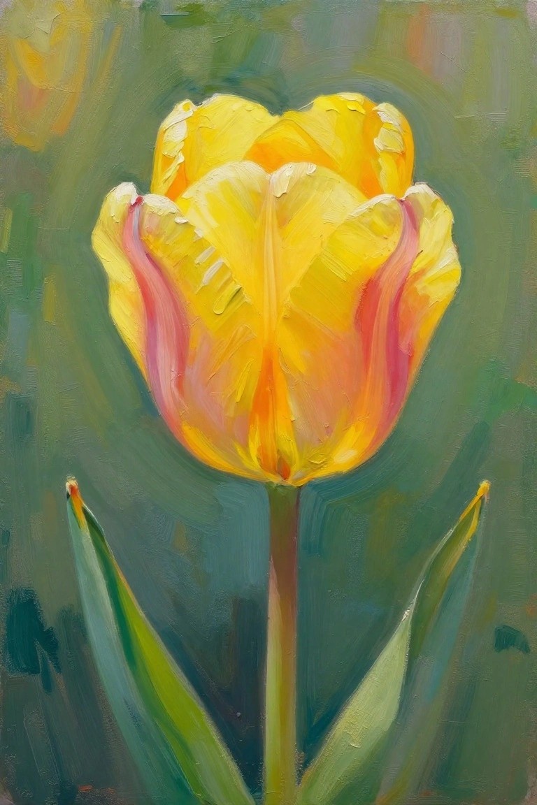 Vibrant yellow tulip with pink-orange accents, green stem and leaves in oil paint style