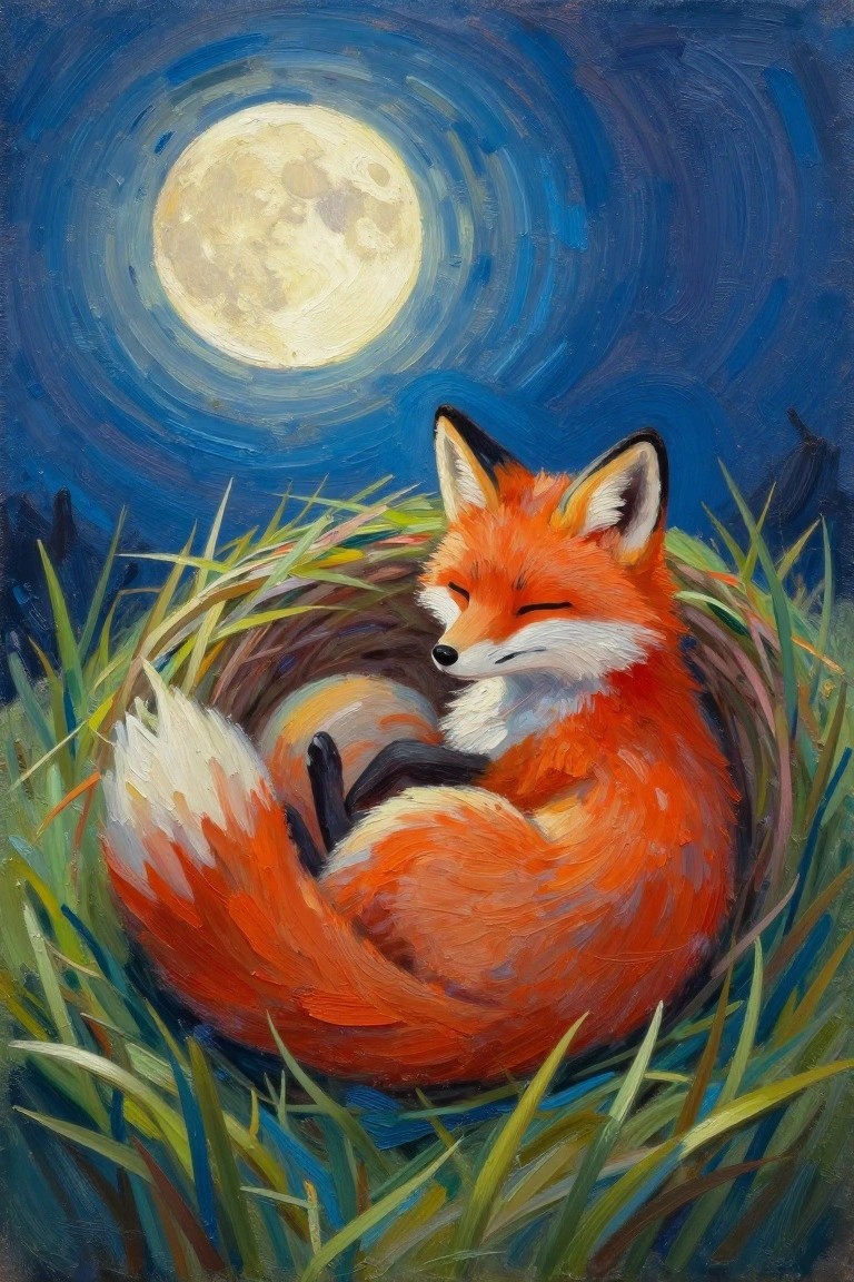 Sleeping orange fox curled in grass under full moon, vibrant oil painting.
