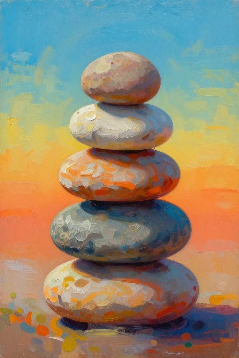 A painting of five stacked smooth stones in various colors against a blue and orange gradient background with small colorful dots at the bottom.